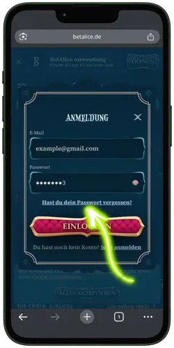 BetAlice Casino Forgot Password Reset Screen