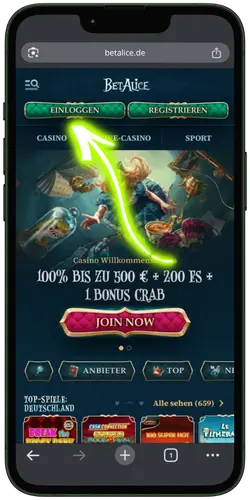 BetAlice Casino Login Button Mobile
