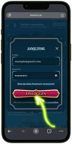 BetAlice Casino Login Confirmation Page Mobile